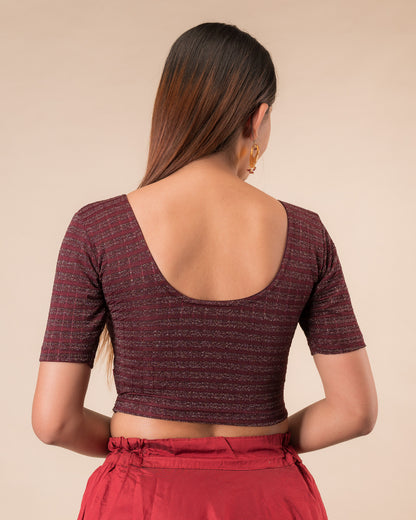 Rear view of the zari stripe stretchable blouse showcasing the back design