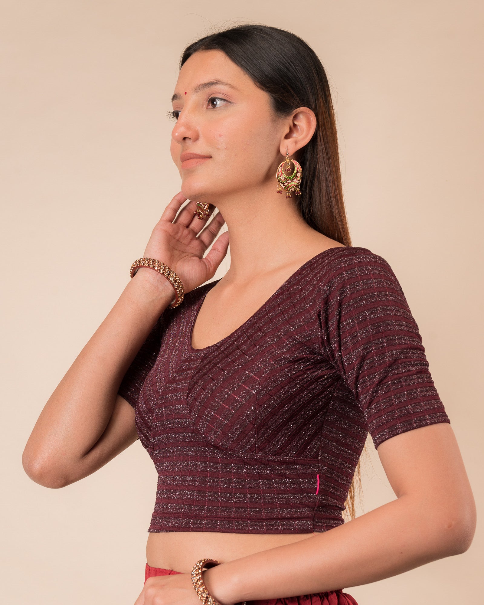 Side profile of the zari stripe stretchable blouse highlighting the fit and sleeve length