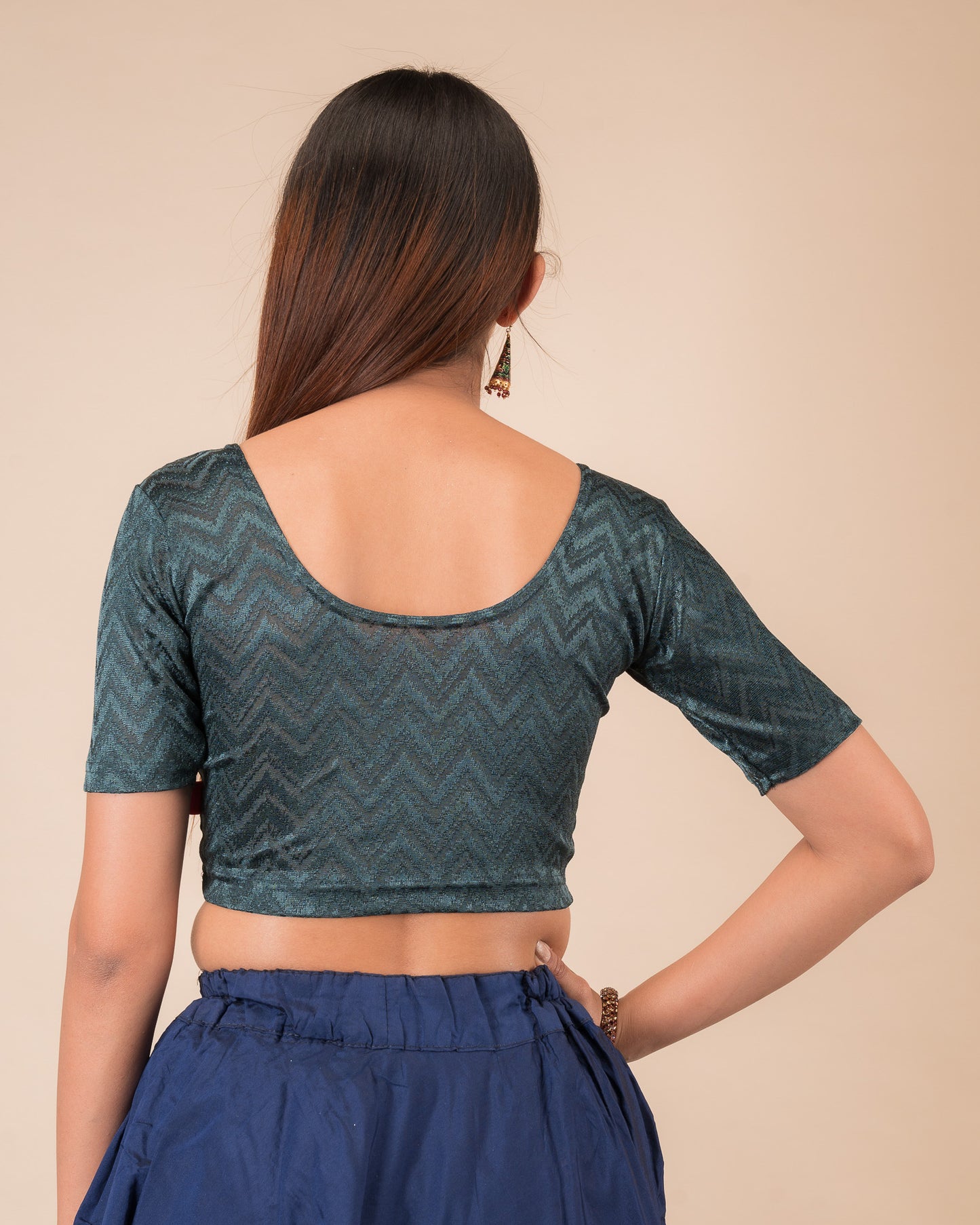 Rear view of the maroon melange zig-zag blouse showcasing the back design