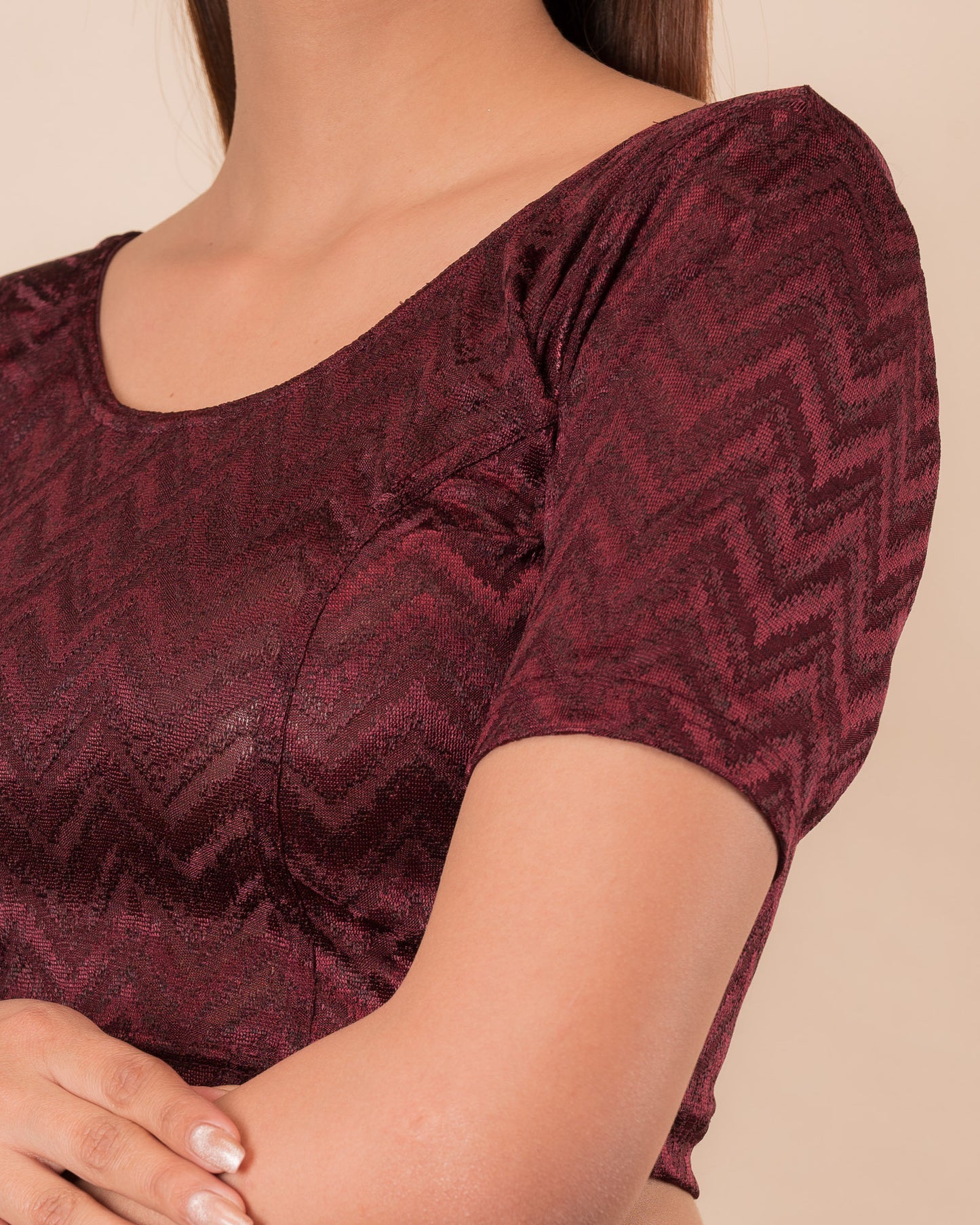 Close-up of the melange jacquard fabric detailing the zig-zag pattern and texture