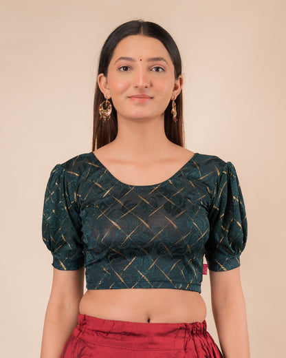  Model wearing a grey melange stretchable readymade blouse with puffed elbow sleeves and round neckline