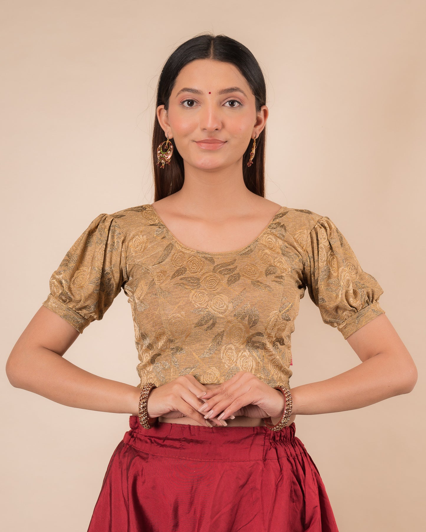 Gauri Puff Sleeve Check Pattern Gold Glitter Stretchable Slip On Blouse