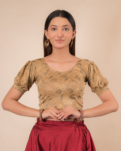 Gauri Puff Sleeve Check Pattern Gold Glitter Stretchable Slip On Blouse