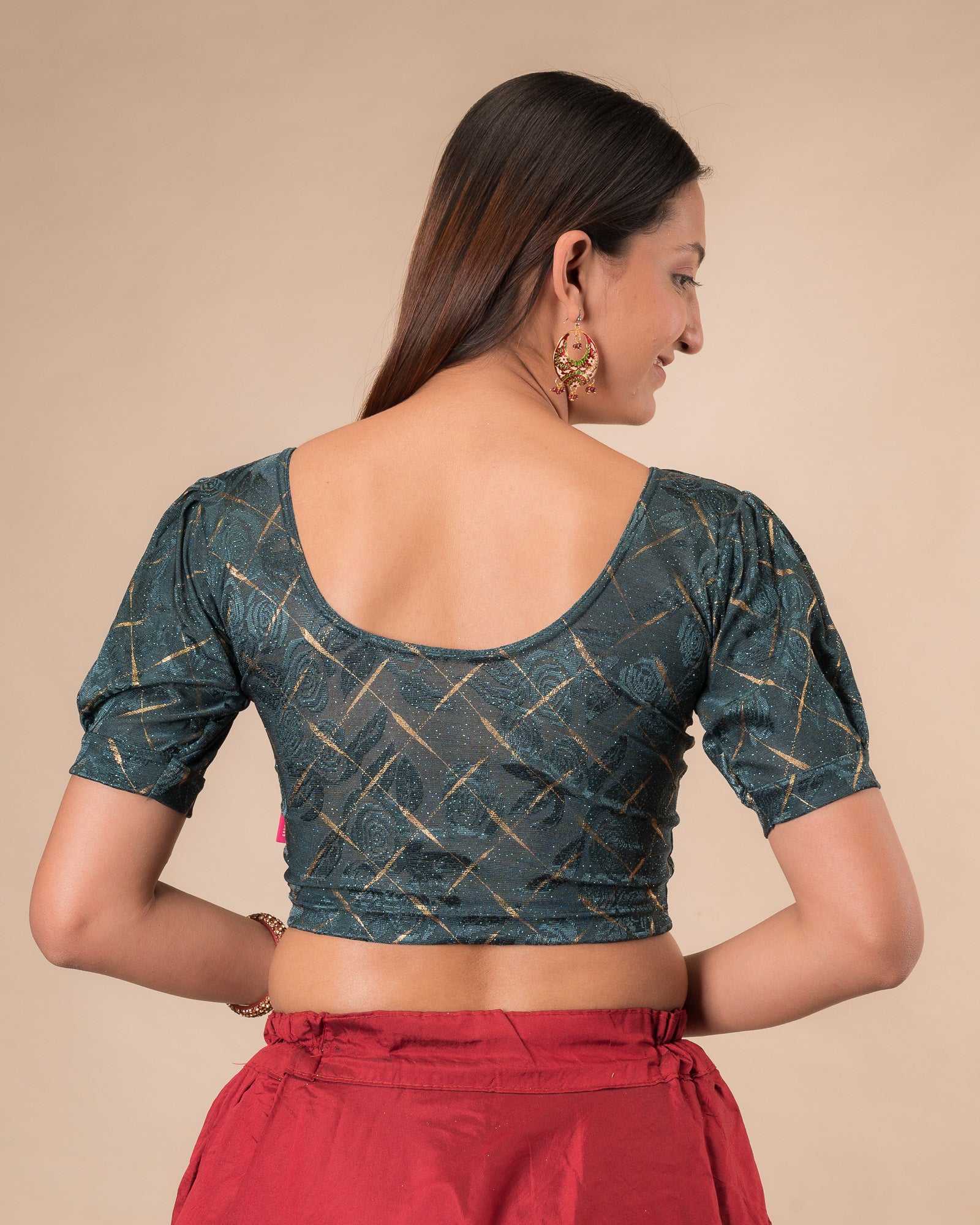 Rear view of the grey melange stretchable blouse showcasing the back design