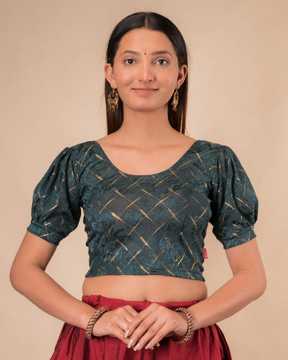 Model wearing a grey melange stretchable readymade blouse with puffed elbow sleeves and round neckline