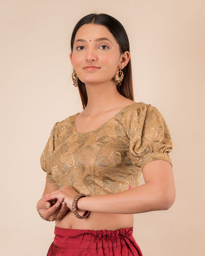 Gauri Puff Sleeve Check Pattern Gold Glitter Stretchable Slip On Blouse