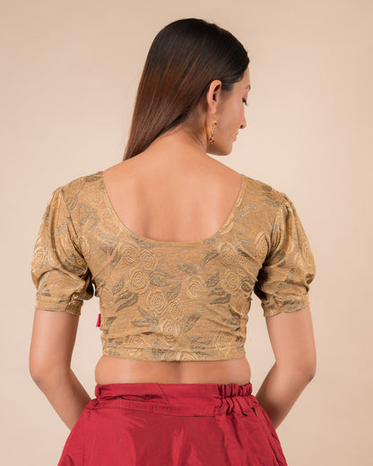 Gauri Puff Sleeve Check Pattern Gold Glitter Stretchable Slip On Blouse