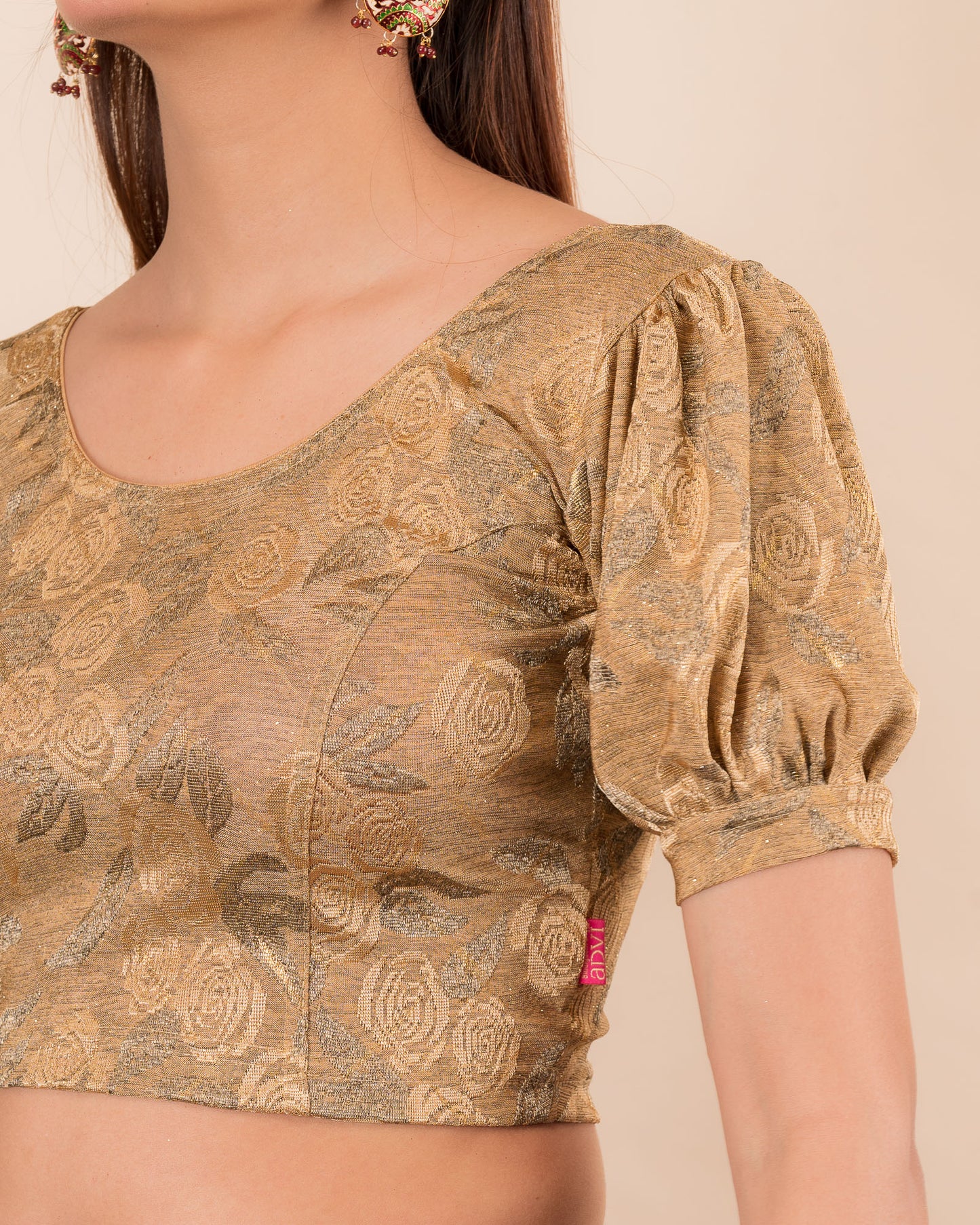 Gauri Puff Sleeve Check Pattern Gold Glitter Stretchable Slip On Blouse