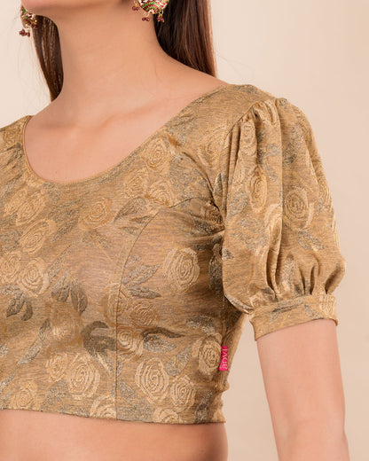 Gauri Puff Sleeve Check Pattern Gold Glitter Stretchable Slip On Blouse