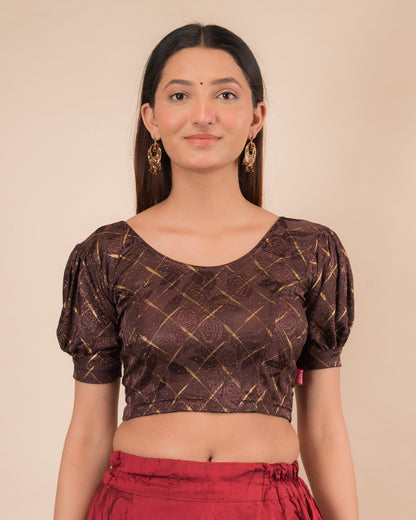 Gauri Puff Sleeve Check Pattern Gold Glitter Stretchable Slip On Blouse