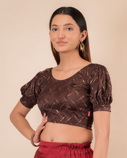 Gauri Puff Sleeve Check Pattern Gold Glitter Stretchable Slip On Blouse