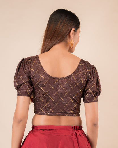 Gauri Puff Sleeve Check Pattern Gold Glitter Stretchable Slip On Blouse