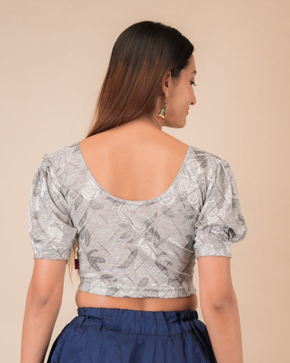 Rear view of the grey melange stretchable blouse showcasing the back design
