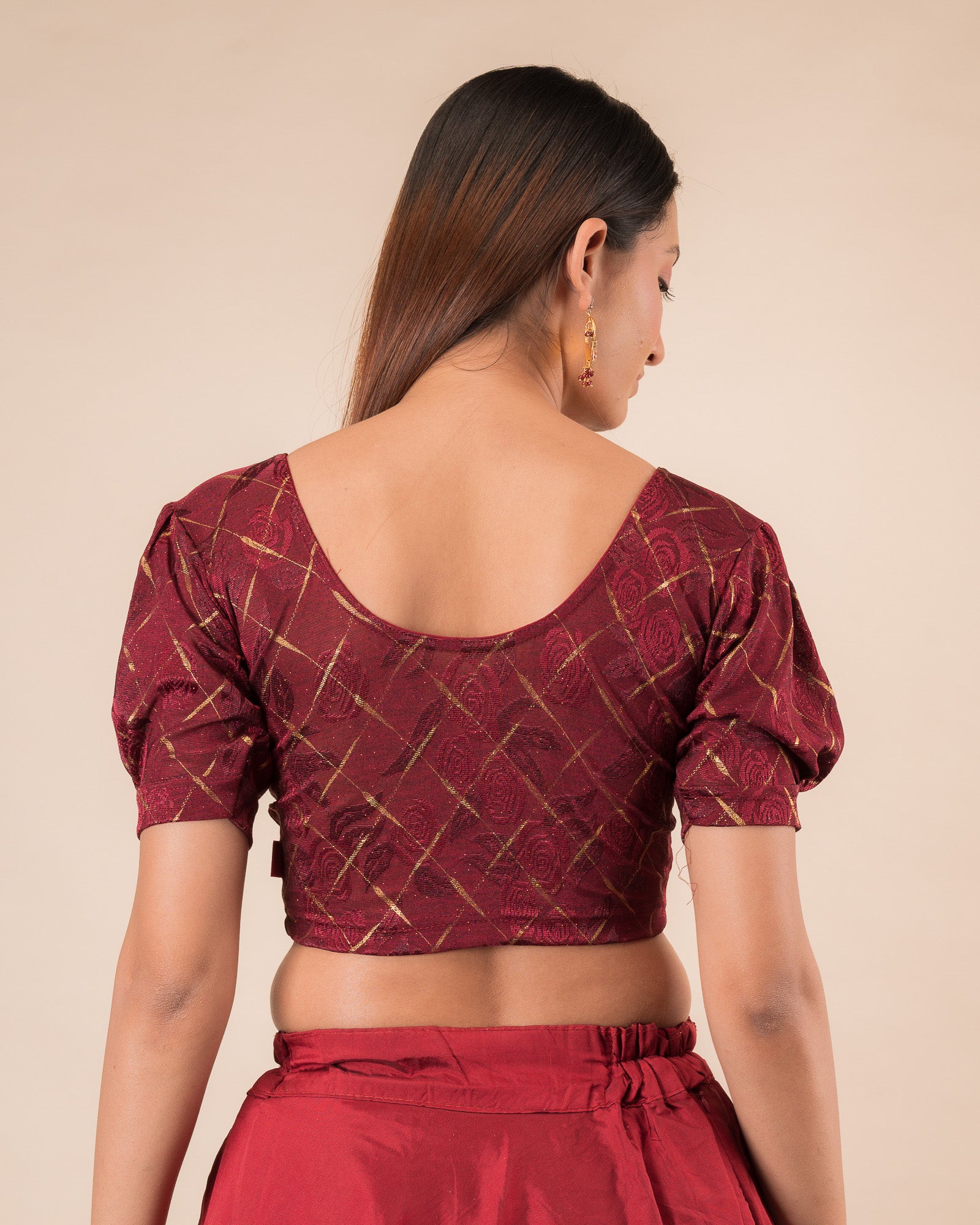 Rear view of the grey melange stretchable blouse showcasing the back design