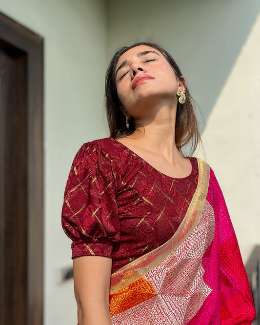 Model pairing the grey melange stretchable blouse with a traditional saree, demonstrating a complete ethnic look