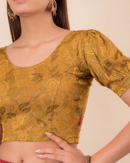 Close-up of the melange jacquard fabric detailing the texture and subtle gold glitter of the readymade blouse