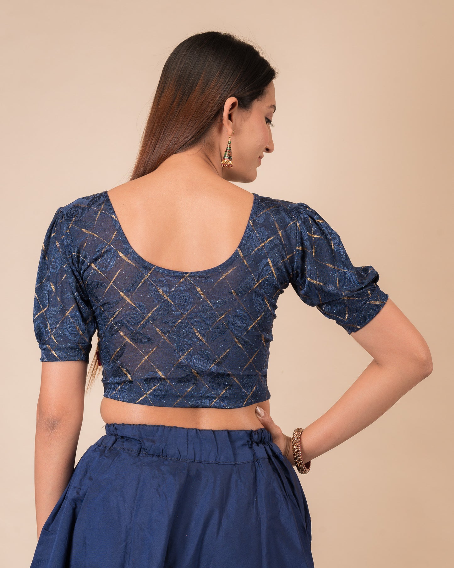 Rear view of the grey melange stretchable blouse showcasing the back design