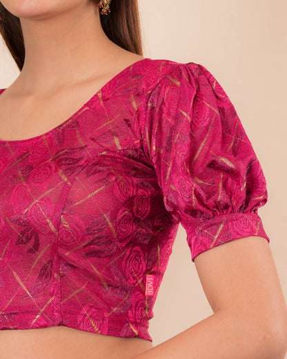 Close-up of the melange jacquard fabric detailing the texture and subtle gold glitter of the readymade blouse