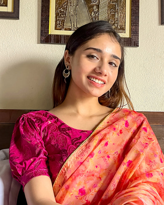 Model pairing the grey melange stretchable blouse with a traditional saree, demonstrating a complete ethnic look