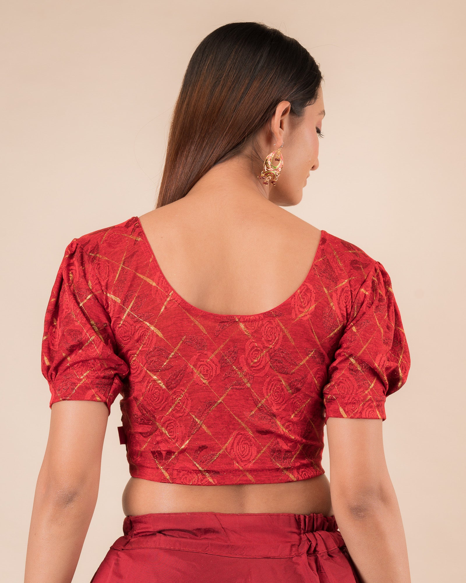 Rear view of the grey melange stretchable blouse showcasing the back design