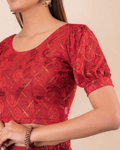 Close-up of the melange jacquard fabric detailing the texture and subtle gold glitter of the readymade blouse