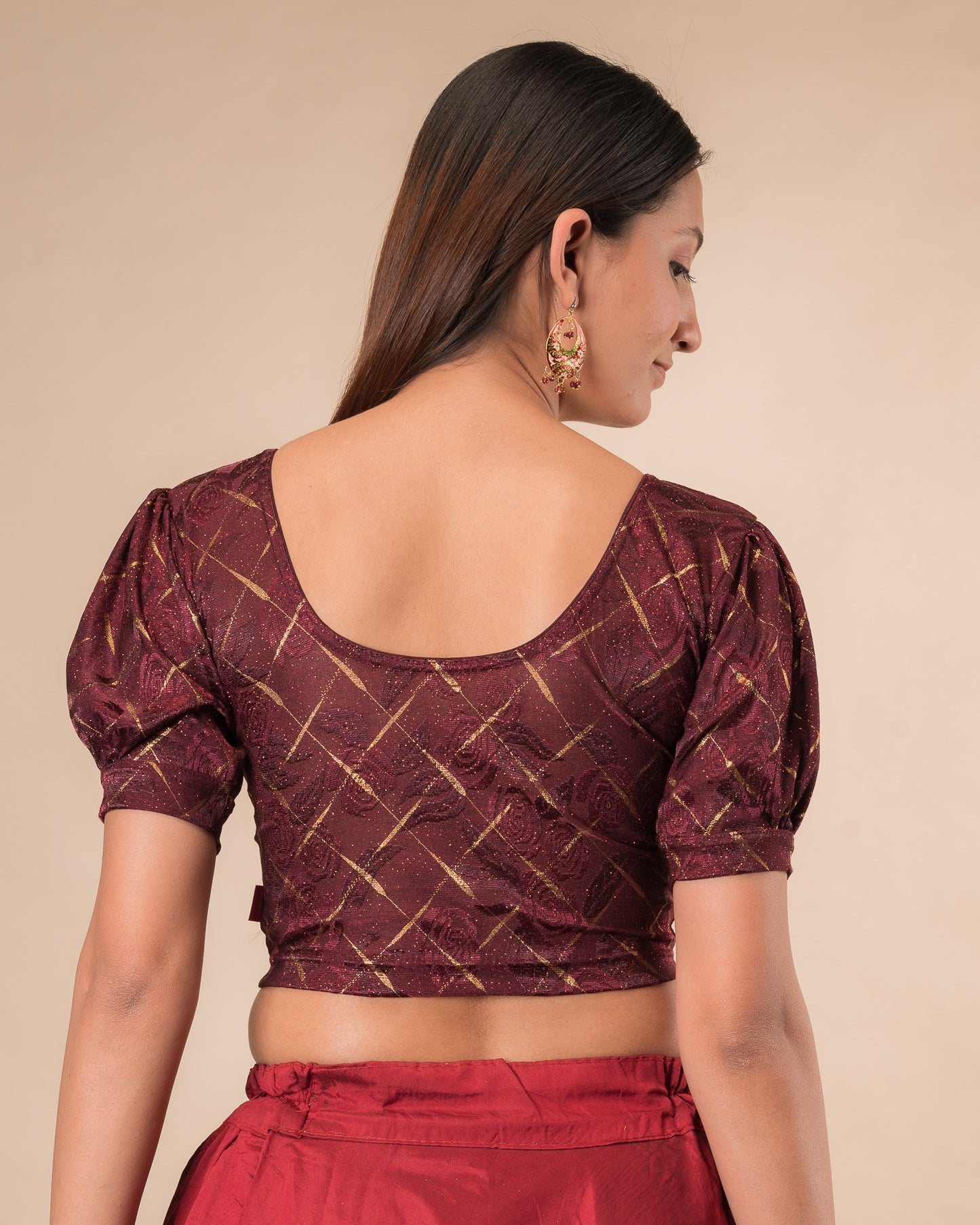 Rear view of the grey melange stretchable blouse showcasing the back design