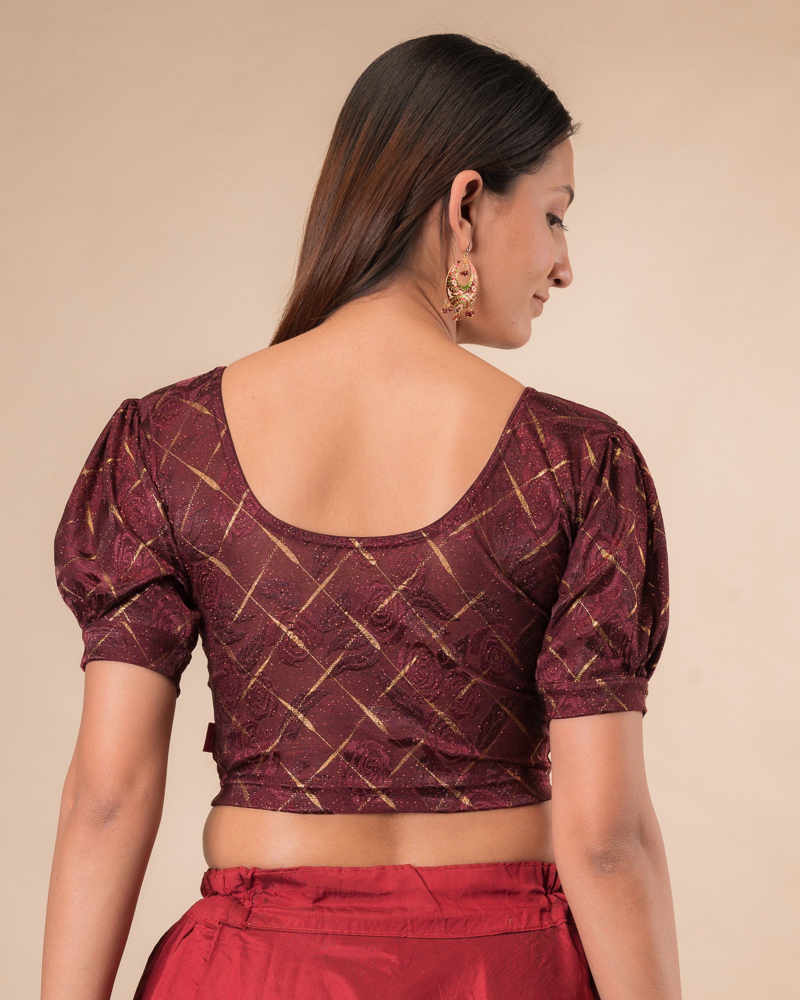 Rear view of the grey melange stretchable blouse showcasing the back design