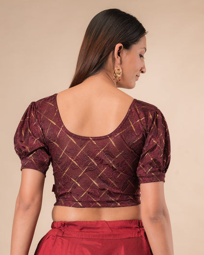 Rear view of the grey melange stretchable blouse showcasing the back design