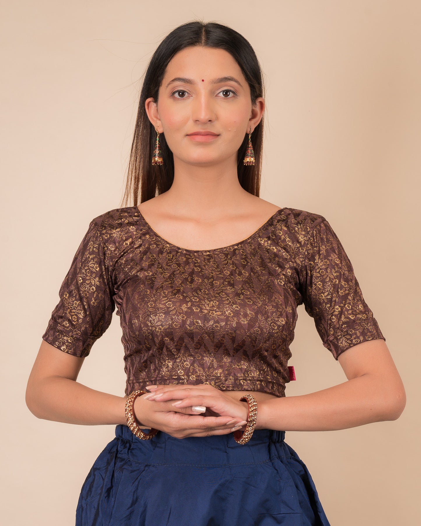 Aabha Coffee Blouse  Advi Gold Floral Print Ready to Wear Stretchable Melange
