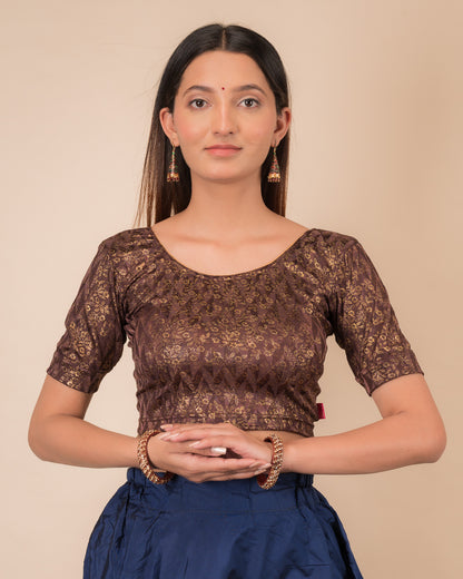 Aabha Coffee Blouse  Advi Gold Floral Print Ready to Wear Stretchable Melange