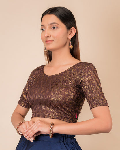 Aabha Coffee Blouse  Advi Gold Floral Print Ready to Wear Stretchable Melange