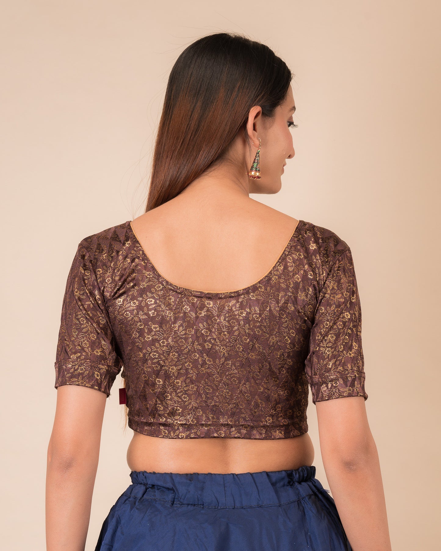 Aabha Coffee Blouse  Advi Gold Floral Print Ready to Wear Stretchable Melange