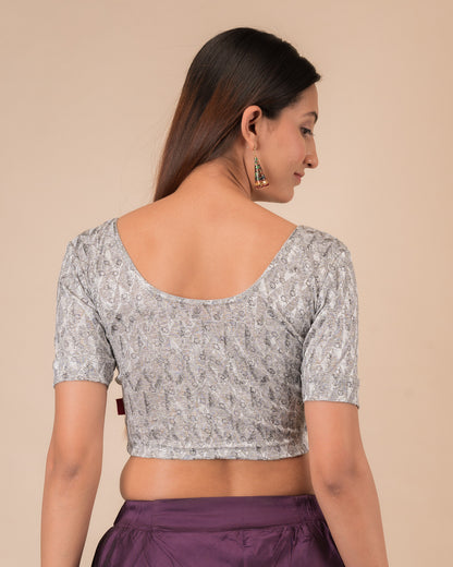Aabha Grey Melange Stretchable Blouse with Gold Foil Design – Advi