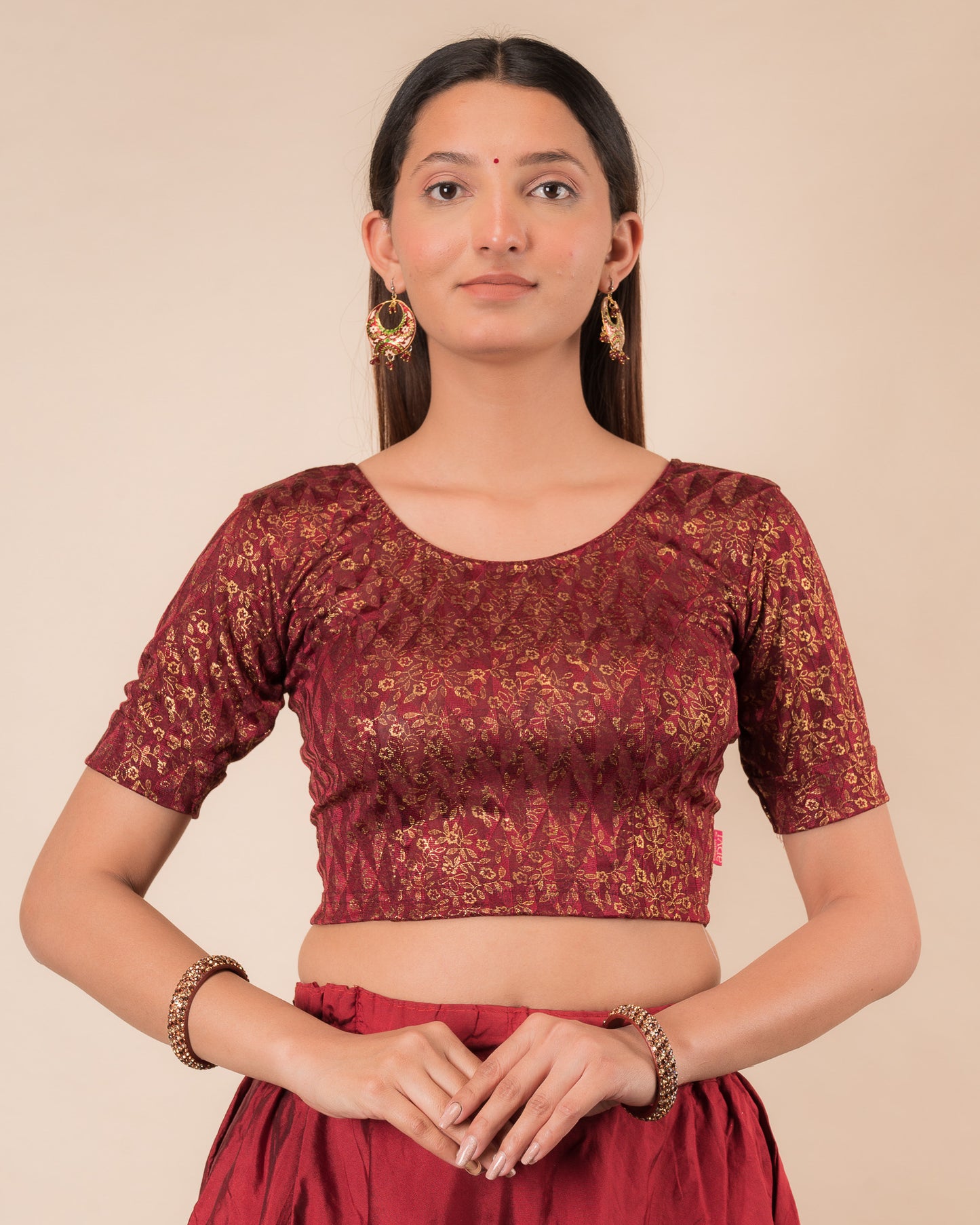 Aabha Maroon Blouse  Advi Gold Floral Print Ready to Wear Stretchable Melange
