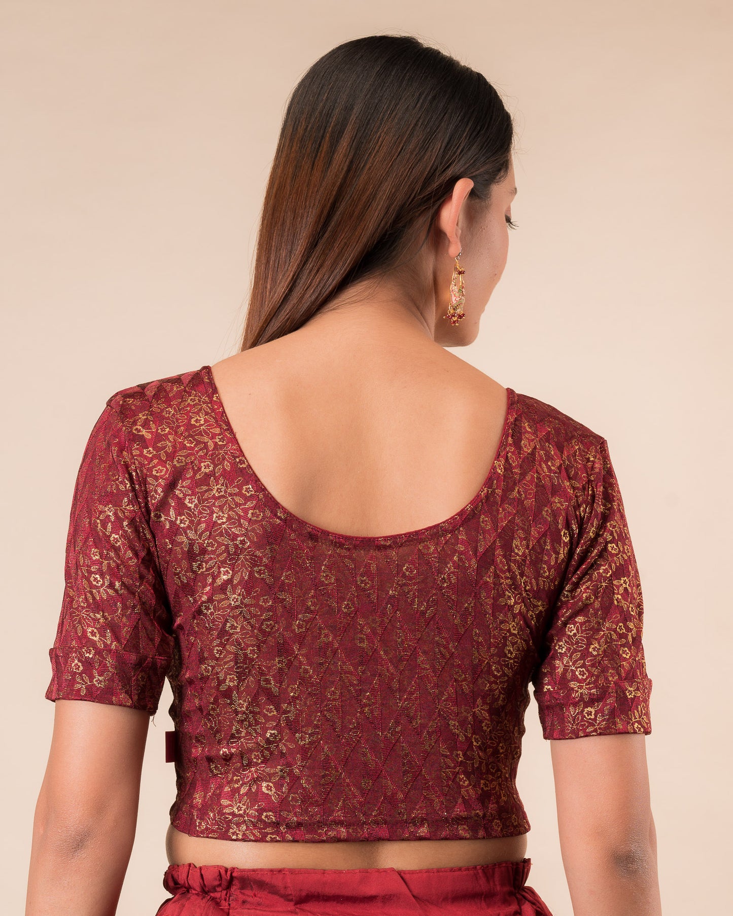 Aabha Maroon Blouse  Advi Gold Floral Print Ready to Wear Stretchable Melange