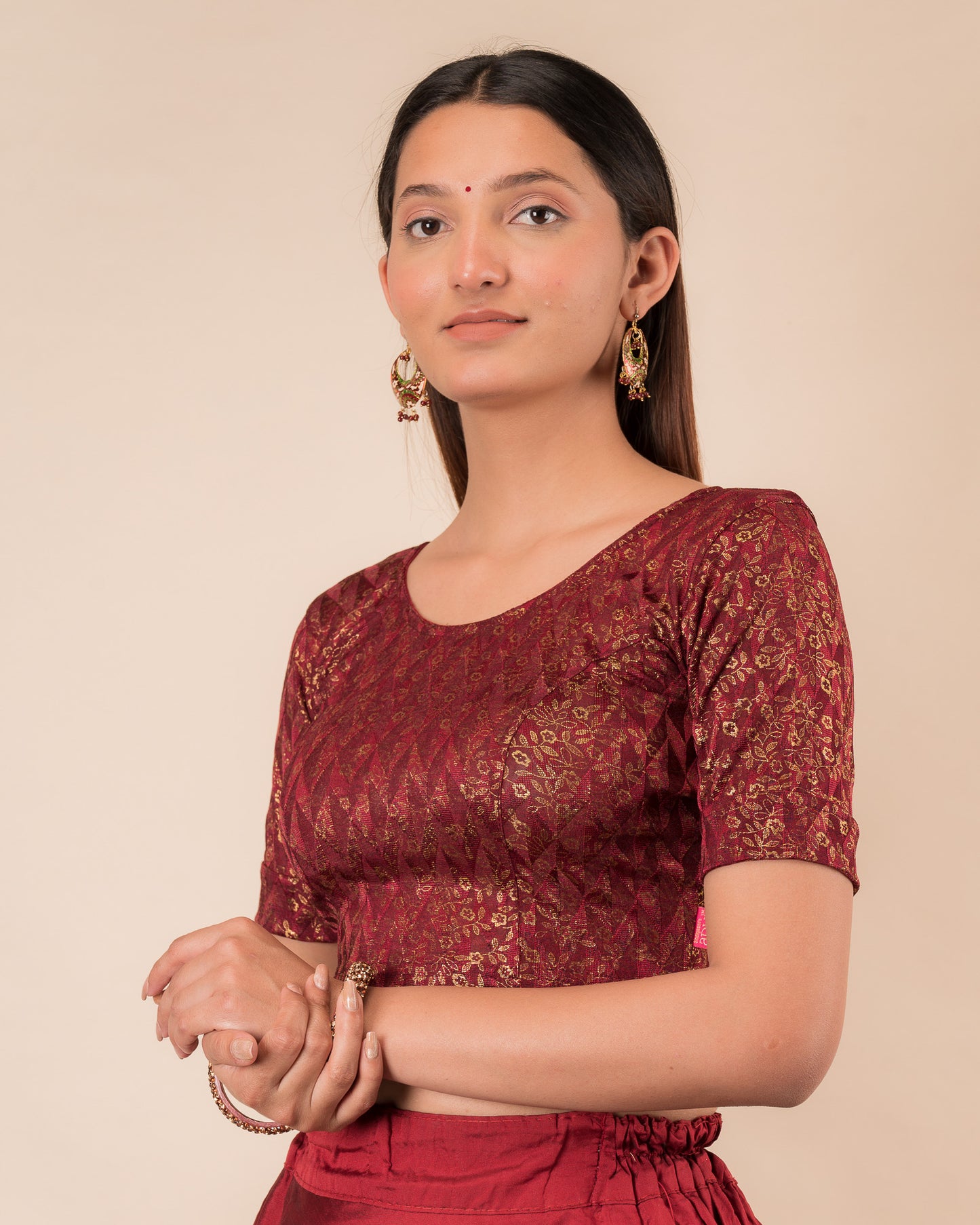 Aabha Maroon Blouse  Advi Gold Floral Print Ready to Wear Stretchable Melange