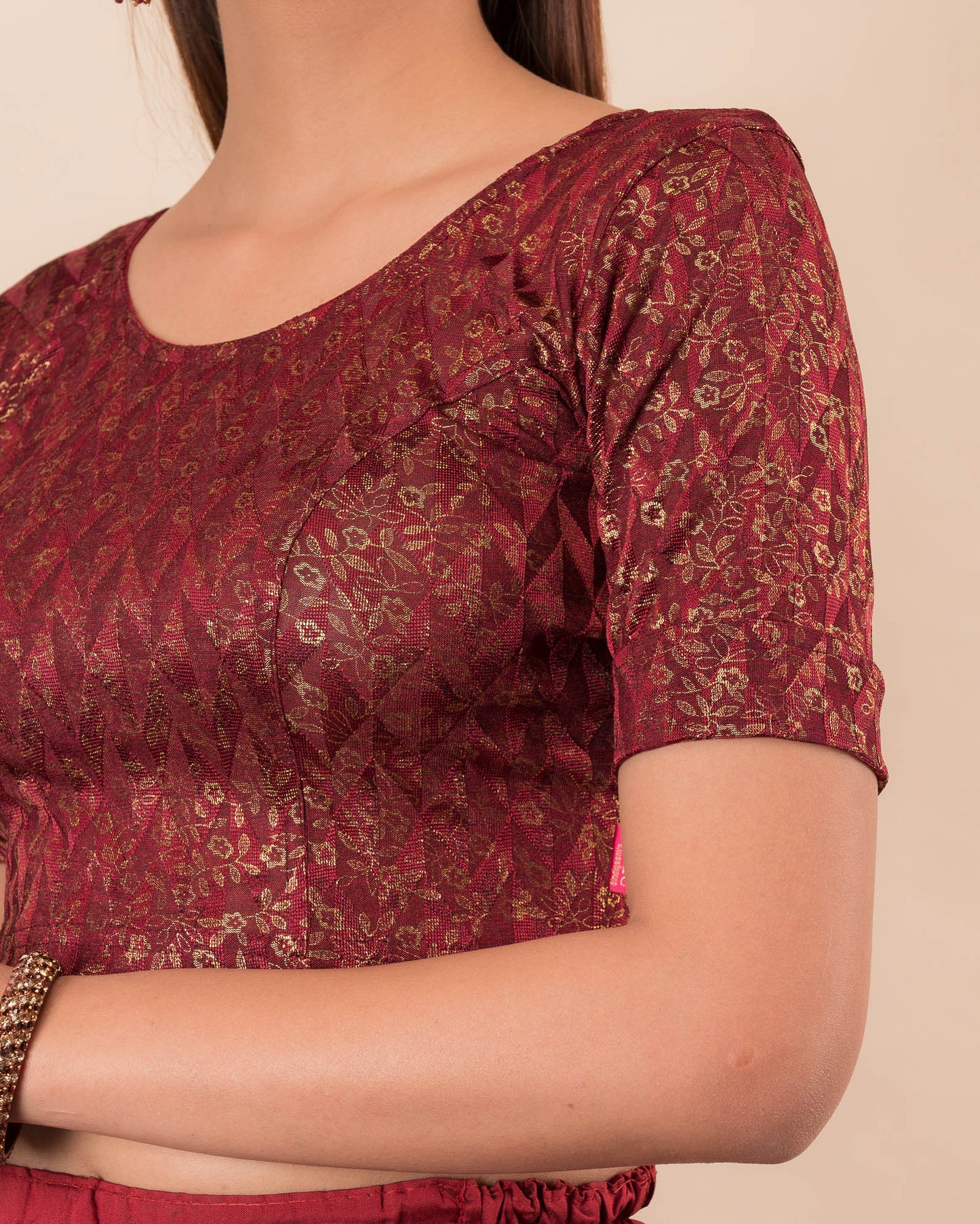 Aabha Maroon Blouse  Advi Gold Floral Print Ready to Wear Stretchable Melange