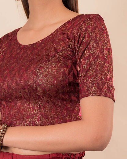 Aabha Maroon Blouse  Advi Gold Floral Print Ready to Wear Stretchable Melange