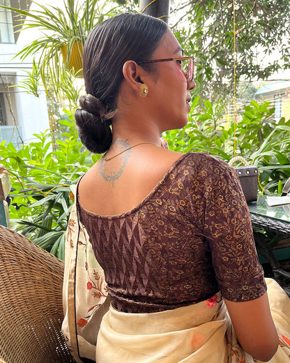 Aabha Coffee Blouse  Advi Gold Floral Print Ready to Wear Stretchable Melange