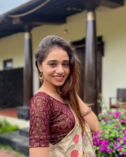 Model pairing the blouse with a saree for festive look
