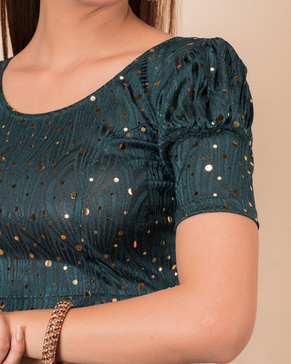 Close-up showing mirror embellishments on the jacquard stretchable fabric