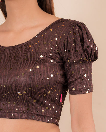 Close-up showing mirror embellishments on the jacquard stretchable fabric