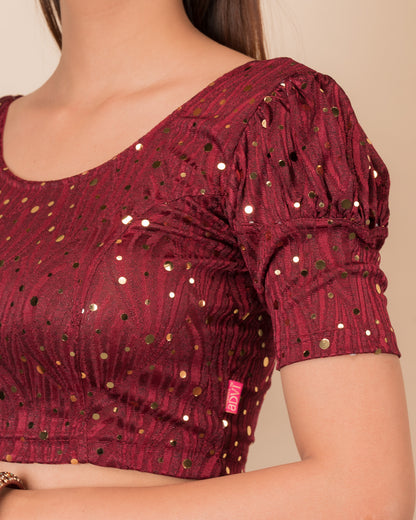 Close-up showing mirror embellishments on the jacquard stretchable fabric