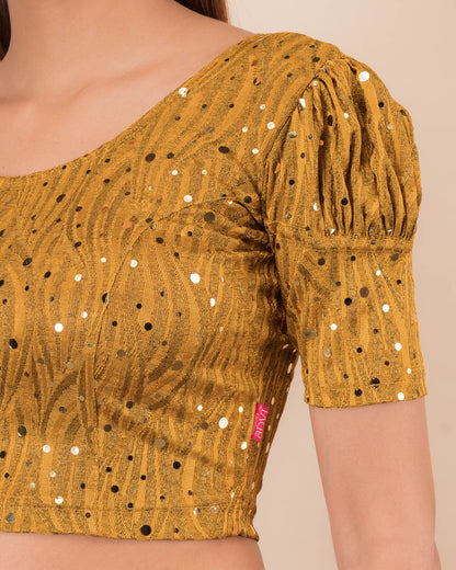 Close-up showing mirror embellishments on the jacquard stretchable fabric