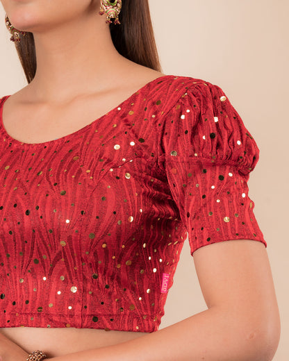 Close-up showing mirror embellishments on the jacquard stretchable fabric