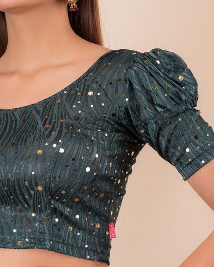 Close-up showing mirror embellishments on the jacquard stretchable fabric