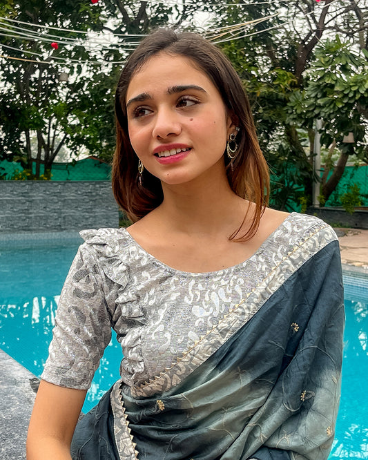 Model pairing the blouse with a saree or skirt for a festive look