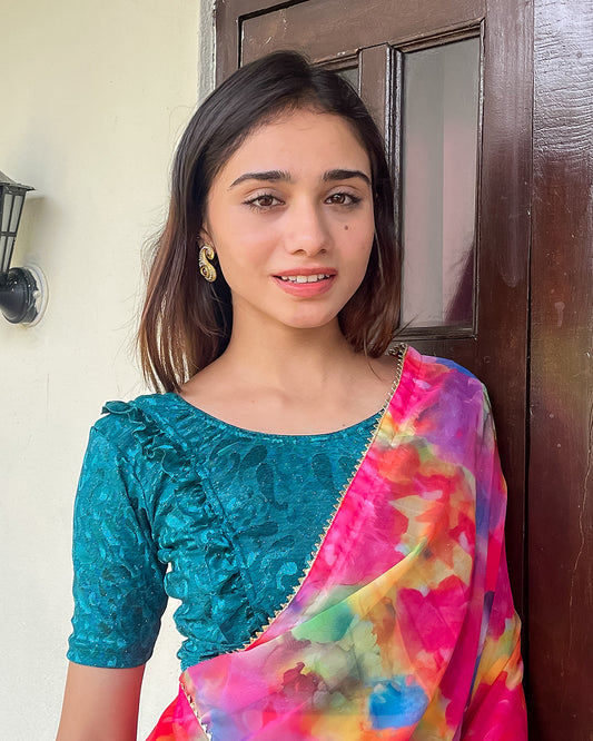 Model pairing the blouse with a saree or skirt for a festive look