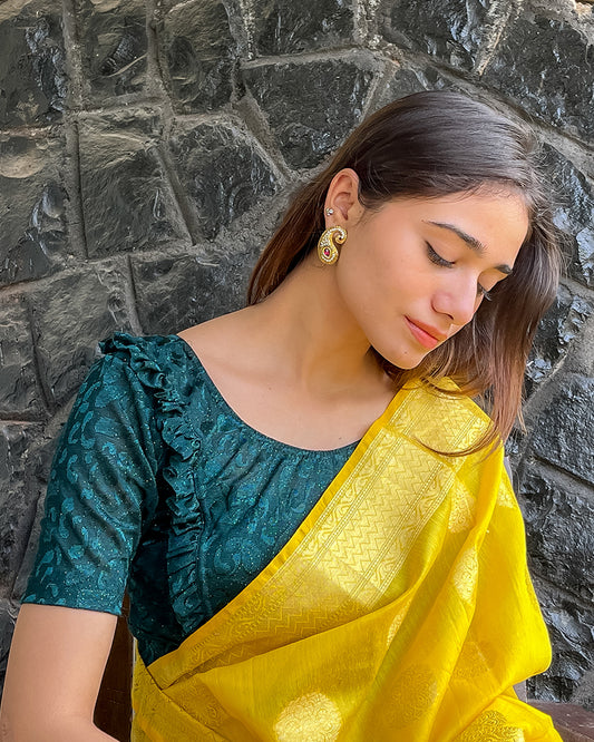 Model pairing the blouse with a saree or skirt for a festive look