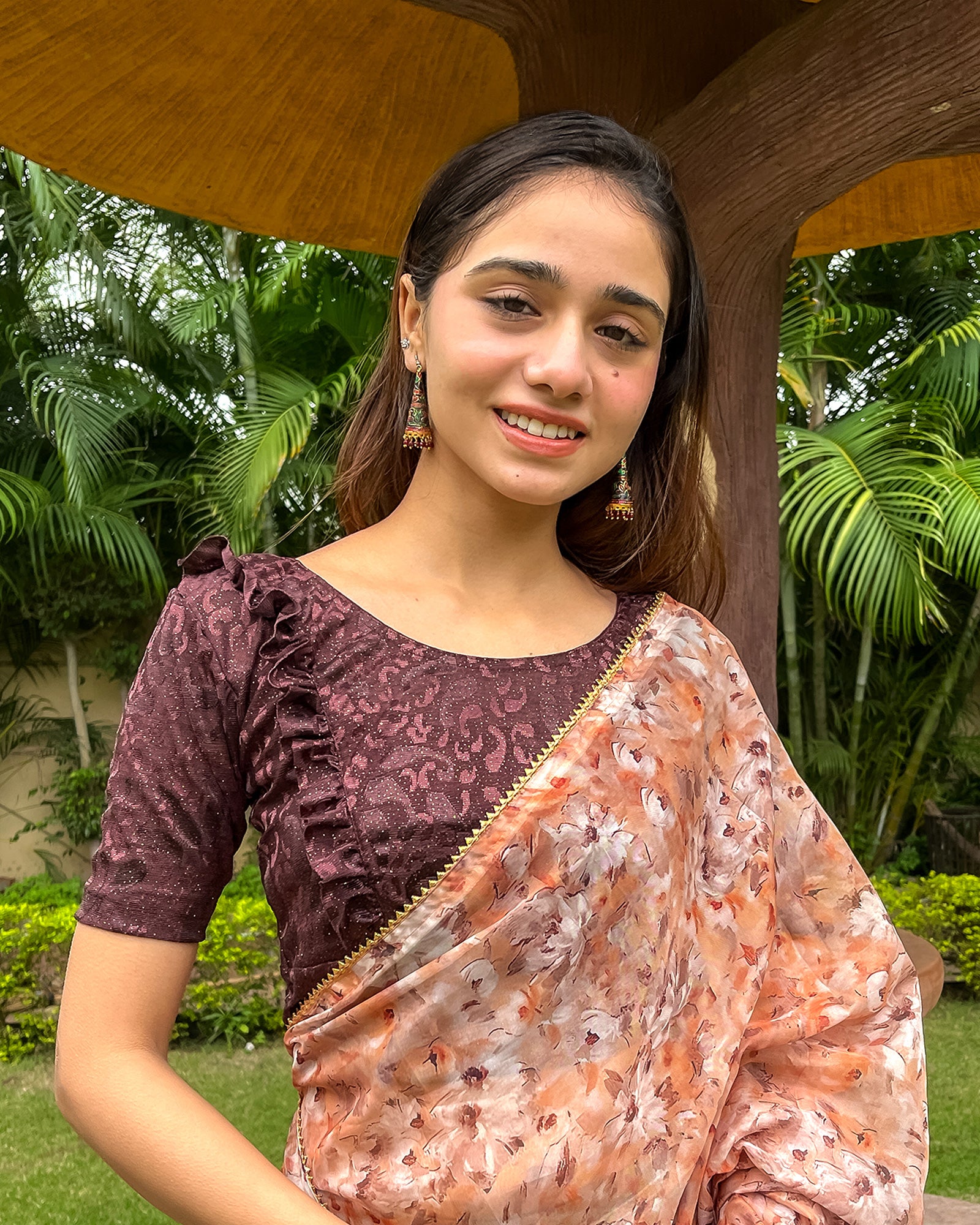 Model pairing the blouse with a saree or skirt for a festive look